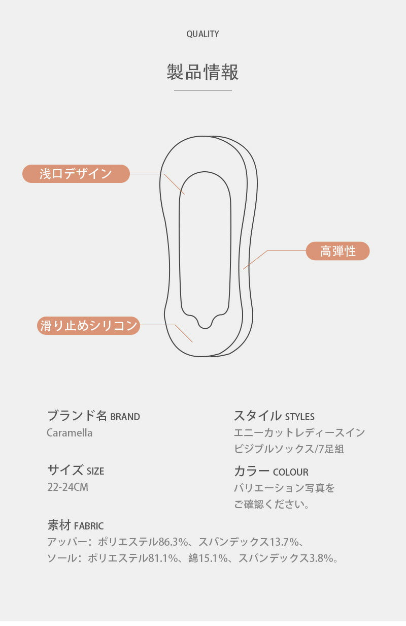 【12月上旬入荷】靴下 女性用 レディース ソックス 蒸れない カジュアル 可愛い オシャレ 滑り止め 消臭 靴下 くつ下 Caramella 22-24cm 7足組 22-24cm 15.1%綿【510147】