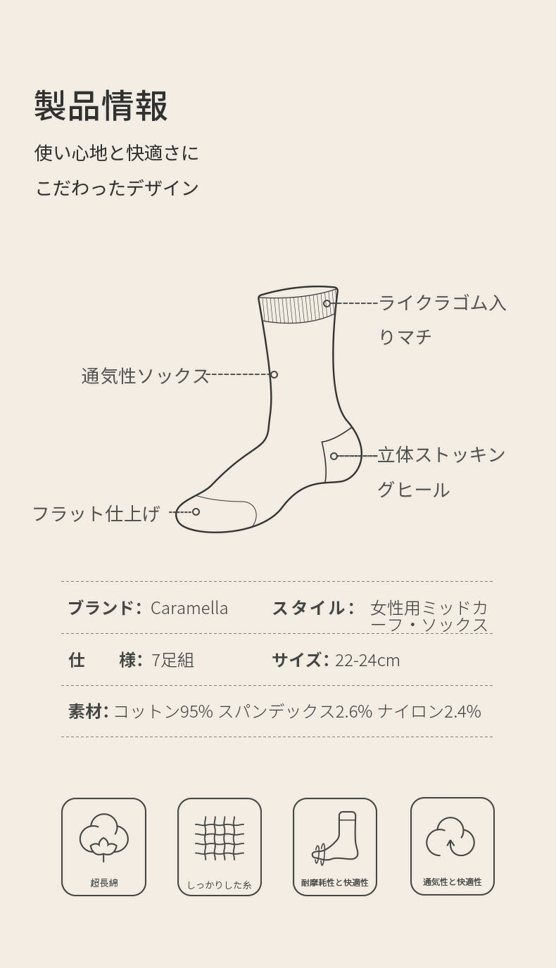 【12月上旬入荷】靴下 メンズ レディース 男性 女性 ソックス 蒸れない カジュアル 可愛い オシャレ 滑り止め 消臭 靴下 くつ下 Caramella 7足組 22-24cm 95%綿【510397】