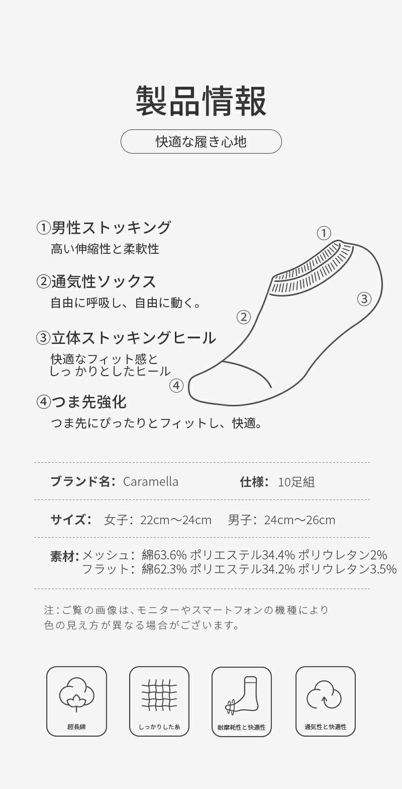 【12月上旬入荷】靴下 メッシュ 靴下 レディース 女性 ソックス 蒸れない カジュアル 可愛い オシャレ 滑り止め 消臭 靴下 くつ下 Caramella 10足組 22-24cm 22-26cm 62.3%綿【Z510910x】