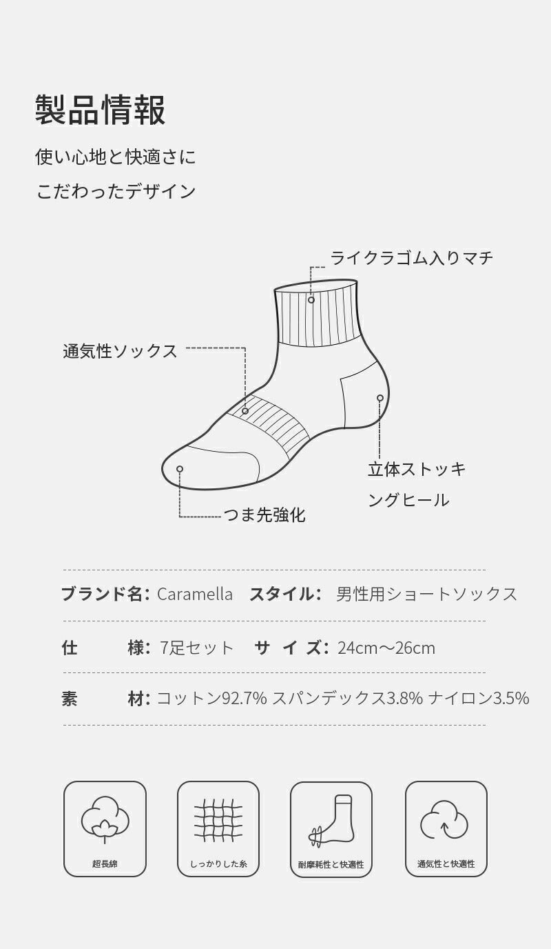 【12月上旬入荷】靴下 ショートソックス レディース 女性 メンズ 男性 ソックス 蒸れない カジュアル 可愛い オシャレ 滑り止め 消臭 靴下 くつ下 Caramella 7足組 24-26cm 92.7%綿【530457】