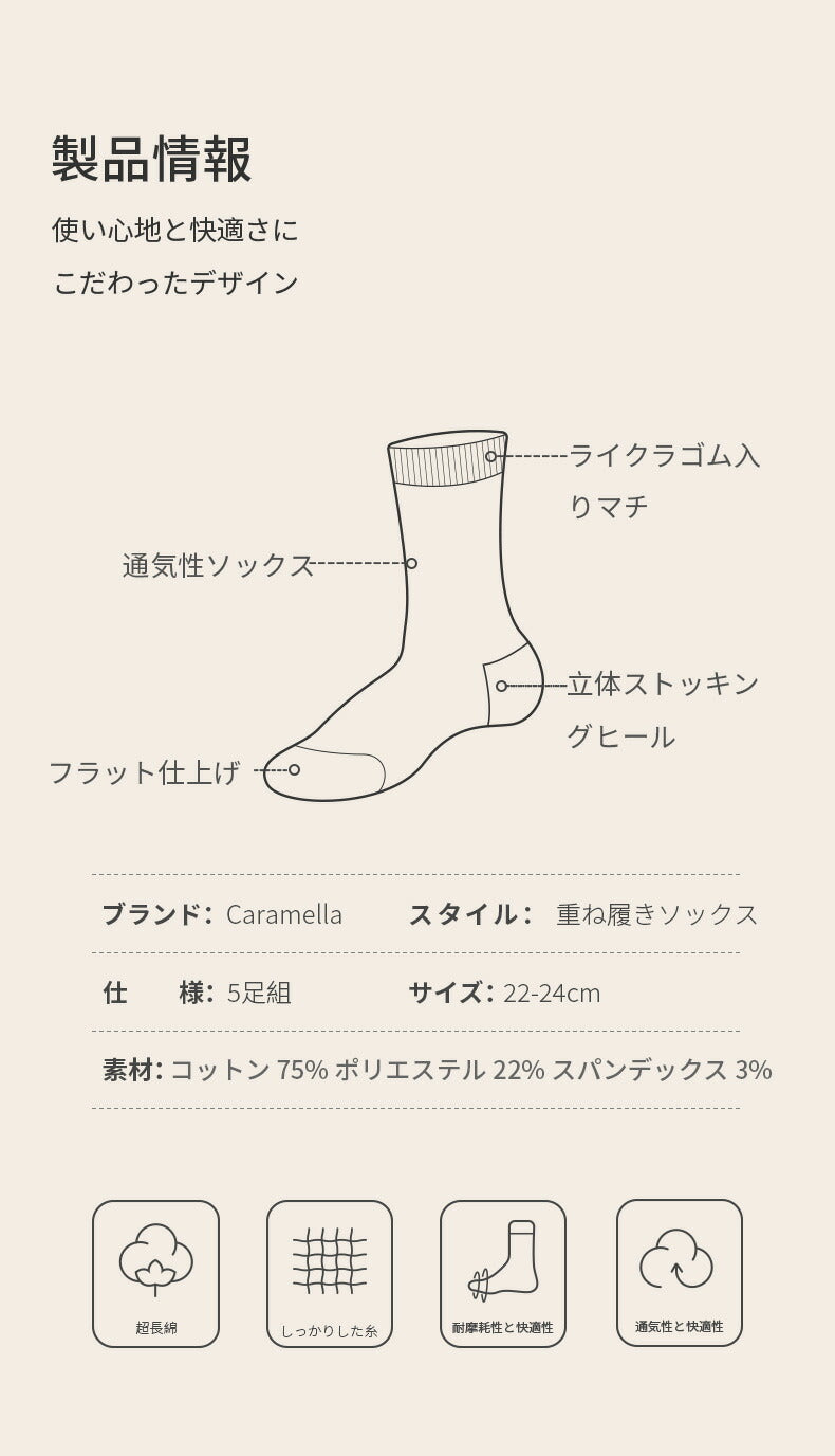 【12月上旬入荷】靴下 レディース 女性 メンズ 男性 ソックス 蒸れない カジュアル 可愛い オシャレ 滑り止め 消臭 靴下 くつ下 Caramella 5足組 22-24cm 75%綿【510465】