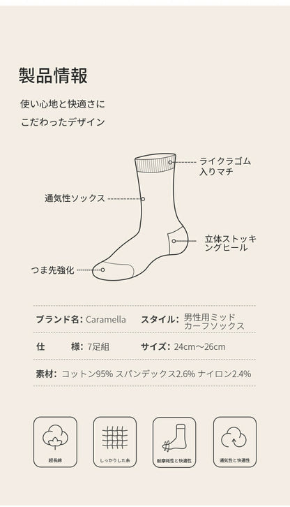 靴下 レディース 女性 メンズ 男性 ソックス 蒸れない カジュアル 可愛い オシャレ 滑り止め 消臭 靴下 くつ下 Caramella 7足組 24-26cm 95%綿【530517】